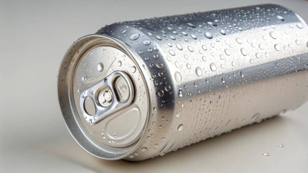 A cross-section of an aluminum beverage can, with callouts labeling the different alloys used for the body and the lid.